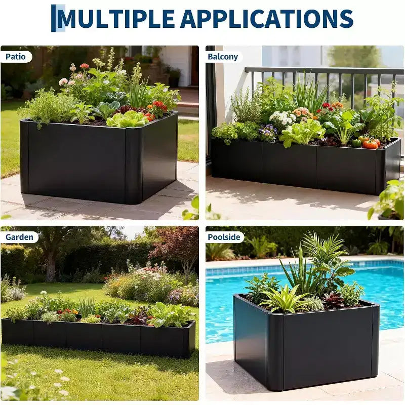Carré potager surélevé extra-long en métal à base ouverte moderne, assemblage sans outil par encliquetage, coins arrondis, base ouverte, trous de drainage, pour patio, balcon, jardin