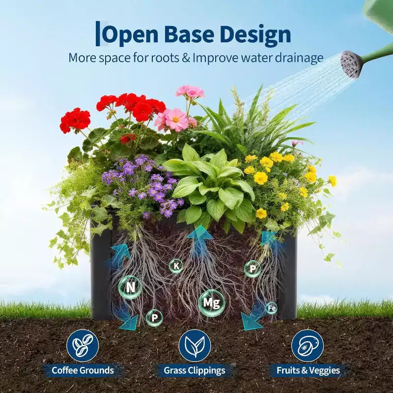 Carré potager surélevé extra-long en métal à base ouverte moderne, assemblage sans outil par encliquetage, coins arrondis, base ouverte, trous de drainage, pour patio, balcon, jardin
