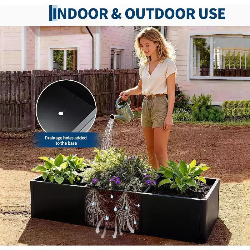 Carré potager surélevé extra-long en métal à base ouverte moderne, assemblage sans outil par encliquetage, coins arrondis, base ouverte, trous de drainage, pour patio, balcon, jardin