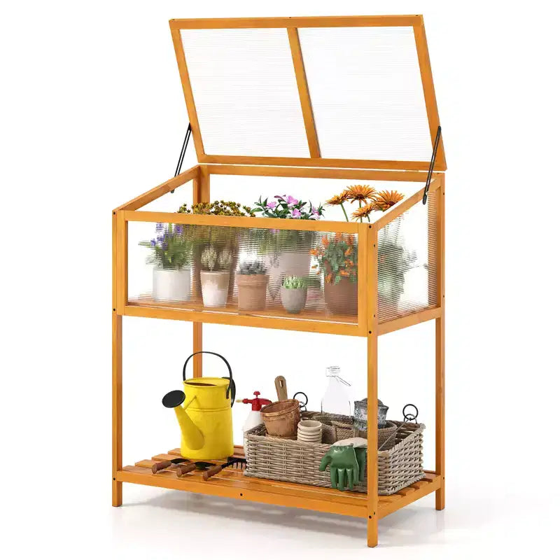Costway Serre à châssis froid en bois avec toit transparent ouvrable et etagère de rangement à lattes