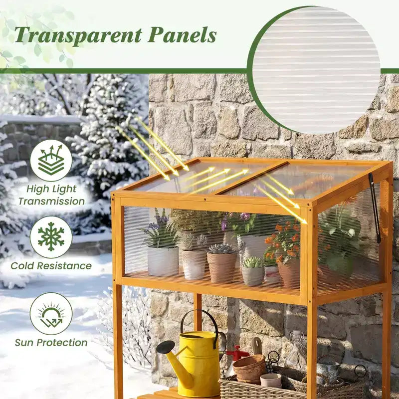 Costway Serre à châssis froid en bois avec toit transparent ouvrable et etagère de rangement à lattes