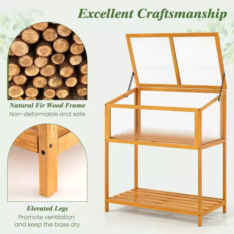Costway Serre à châssis froid en bois avec toit transparent ouvrable et etagère de rangement à lattes