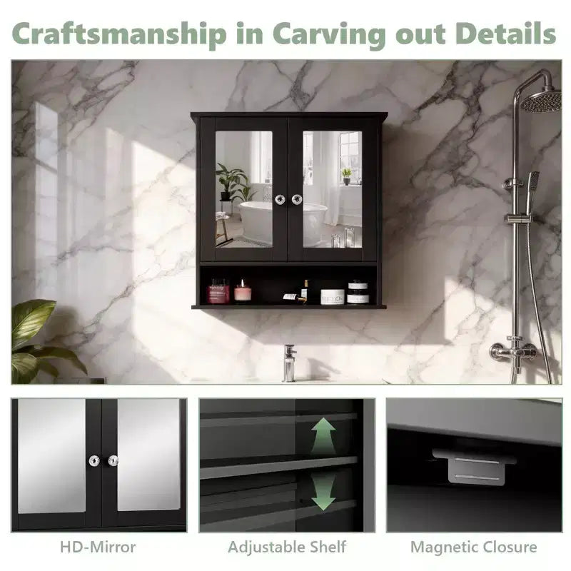 Armoire murale de salle de bain avec 2 portes miroir et 1 étagère