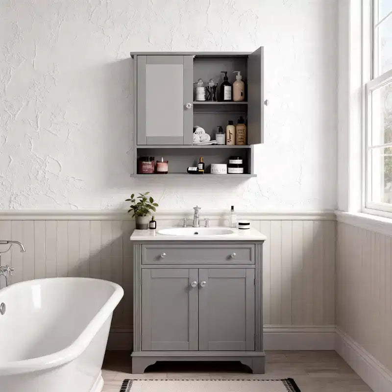 Armoire murale de salle de bain avec 2 portes miroir et 1 étagère