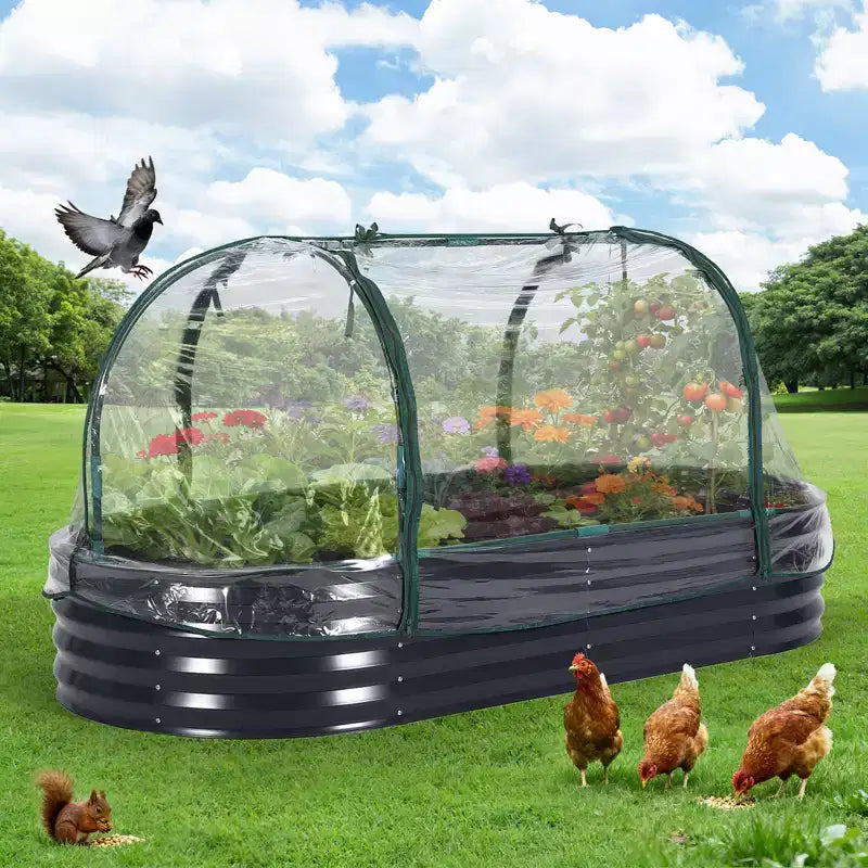 Jardinière ovale surélevée Acekool avec couvercle zippé en PVC et base ouverte, jardinière en acier galvanisé pour jardin ou patio