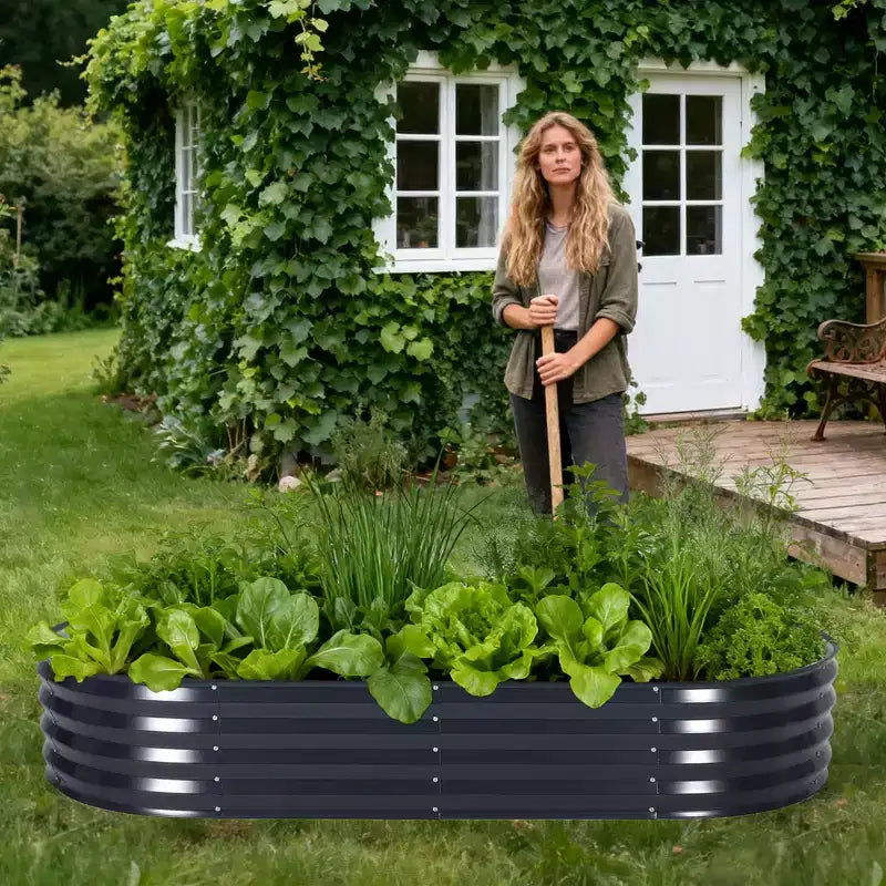 Jardinière ovale surélevée Acekool avec couvercle zippé en PVC et base ouverte, jardinière en acier galvanisé pour jardin ou patio