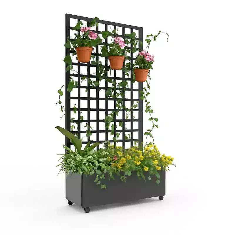 Jardinière mobile galvanisée noire Acekool avec treillis carré, roulettes et drainage pour terrasse, balcon ou jardin