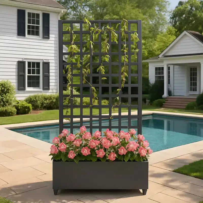 Jardinière mobile galvanisée noire Acekool avec treillis carré, roulettes et drainage pour terrasse, balcon ou jardin