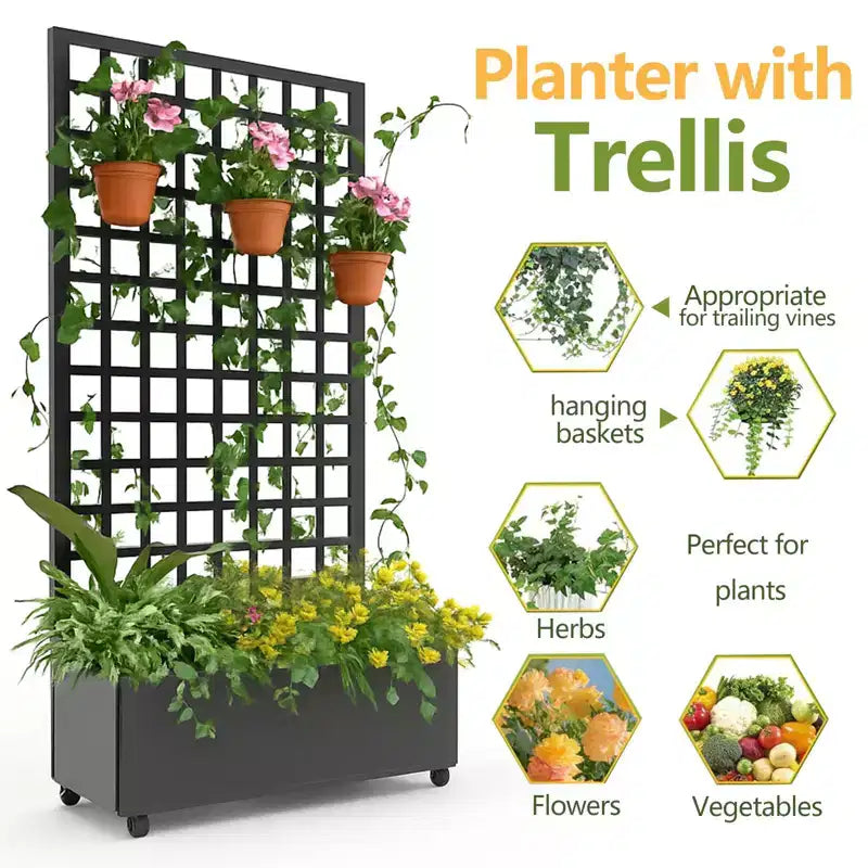 Jardinière mobile galvanisée noire Acekool avec treillis carré, roulettes et drainage pour terrasse, balcon ou jardin