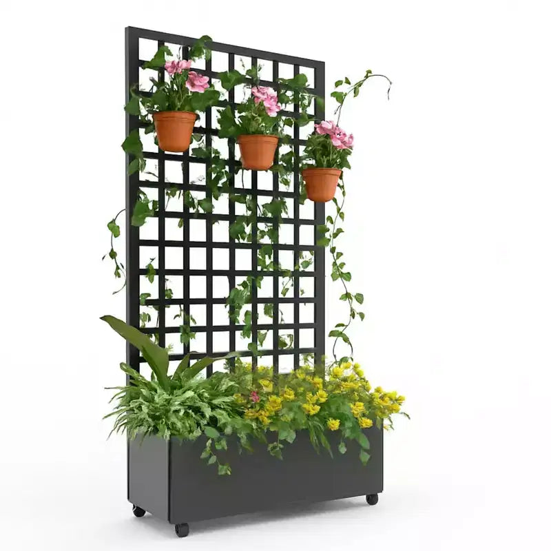 Jardinière mobile galvanisée noire Acekool avec treillis carré, roulettes et drainage pour terrasse, balcon ou jardin