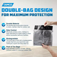Camco Sacs à dechets pour toilettes de camping à double doublure etanches, sacs pour seau de voyage pour camping, chasse et activites de plein air, lot de 10