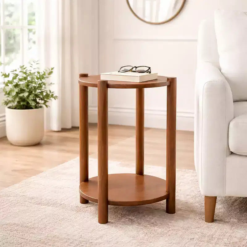 Table d'extrémité et d'appoint ronde élégante pour petits espaces - base en bois de manguier avec étagère inférieure pour décoration de chambre et salon - 22, tan & brun