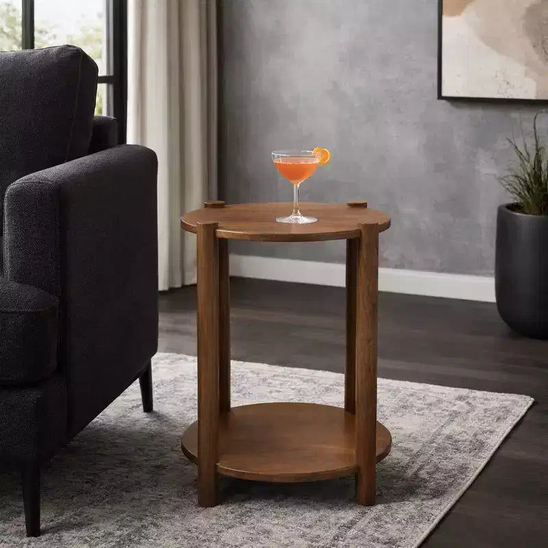 Table d'extrémité et d'appoint ronde élégante pour petits espaces - base en bois de manguier avec étagère inférieure pour décoration de chambre et salon - 22, tan & brun