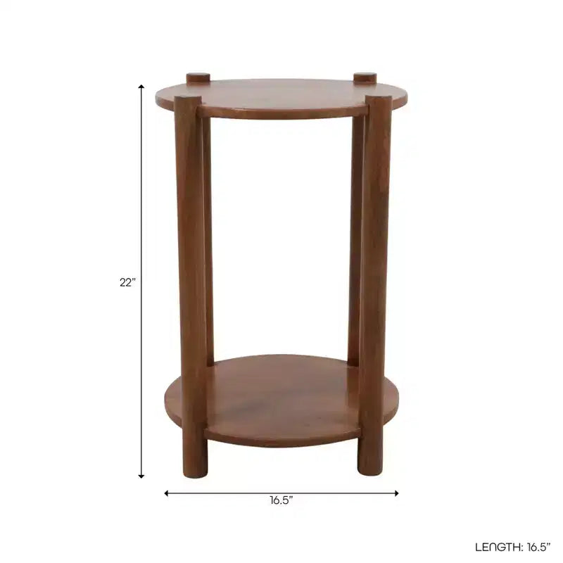 Table d'extrémité et d'appoint ronde élégante pour petits espaces - base en bois de manguier avec étagère inférieure pour décoration de chambre et salon - 22, tan & brun