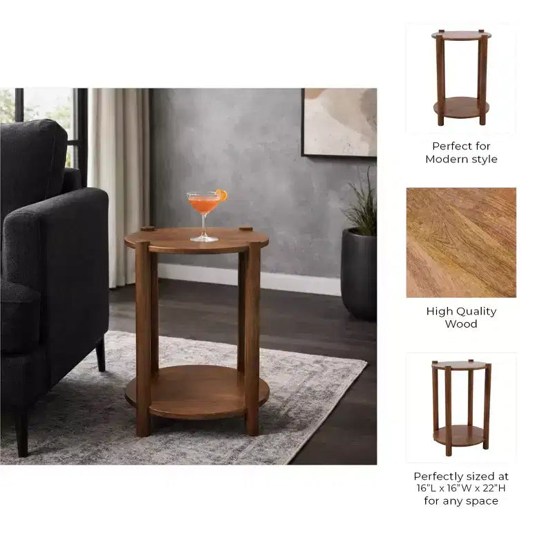 Table d'extrémité et d'appoint ronde élégante pour petits espaces - base en bois de manguier avec étagère inférieure pour décoration de chambre et salon - 22, tan & brun