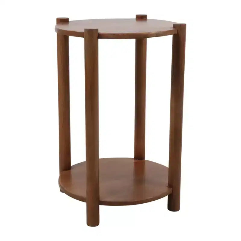 Table d'extrémité et d'appoint ronde élégante pour petits espaces - base en bois de manguier avec étagère inférieure pour décoration de chambre et salon - 22, tan & brun