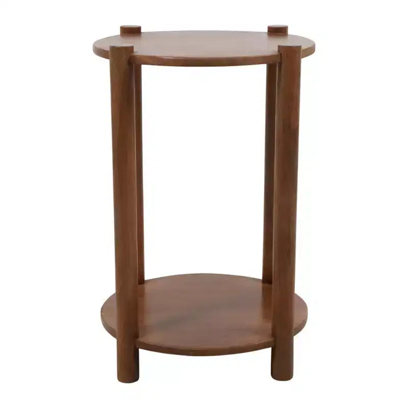 Table d'extrémité et d'appoint ronde élégante pour petits espaces - base en bois de manguier avec étagère inférieure pour décoration de chambre et salon - 22, tan & brun