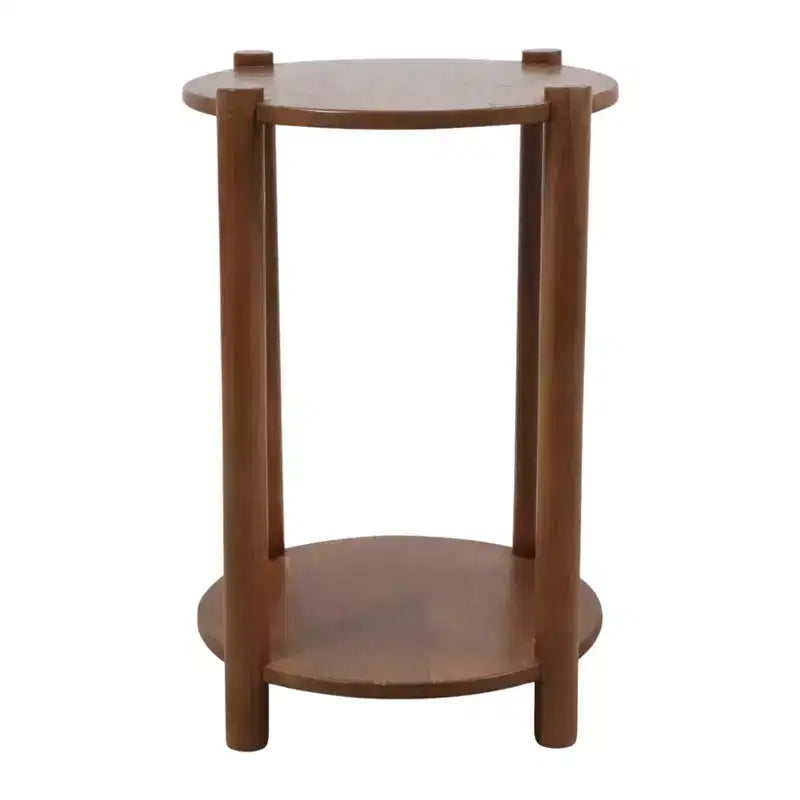 Table d'extrémité et d'appoint ronde élégante pour petits espaces - base en bois de manguier avec étagère inférieure pour décoration de chambre et salon - 22, tan & brun