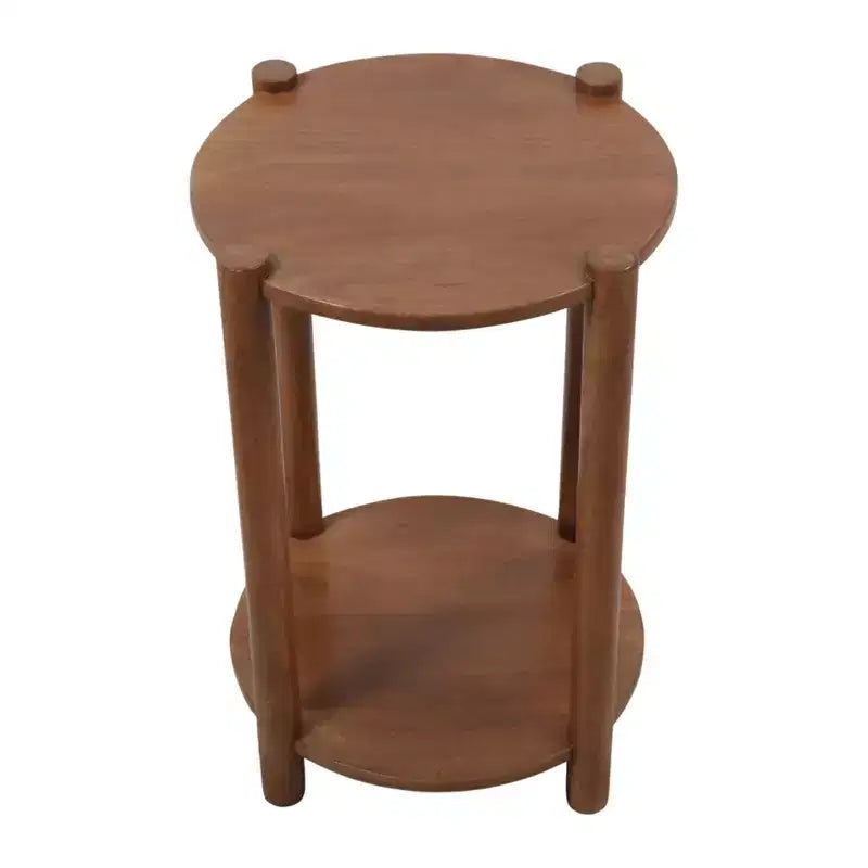 Table d'extrémité et d'appoint ronde élégante pour petits espaces - base en bois de manguier avec étagère inférieure pour décoration de chambre et salon - 22, tan & brun