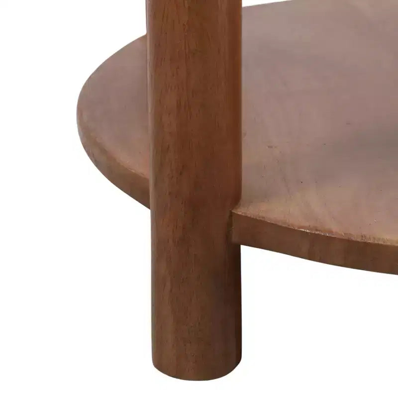 Table d'extrémité et d'appoint ronde élégante pour petits espaces - base en bois de manguier avec étagère inférieure pour décoration de chambre et salon - 22, tan & brun