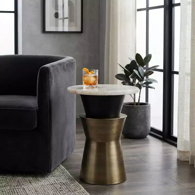 Table d'appoint ronde décorative pour petits espaces - plateau en agate avec base métallique pour décoration de salon et chambre - 20, or et blanc