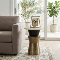 Table d'appoint ronde décorative pour petits espaces - plateau en agate avec base métallique pour décoration de salon et chambre - 20, or et blanc