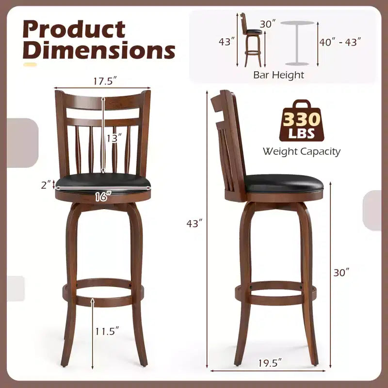 Costway tabourets de bar pivotants 24/30 lot de 2/4 avec dossiers, pieds en bois massif et repose-pied pour bar maison expresso et noir