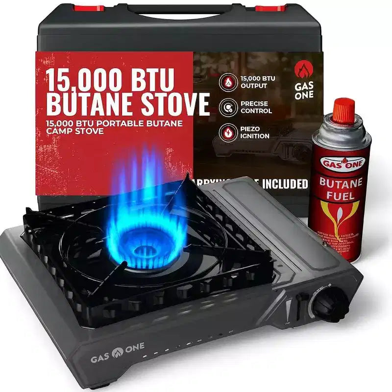 GasOne Rechaud de camping au butane portable 15 000 BTU avec etui robuste : allumage automatique, contrôle precis de la chaleur - camping, tailgate, cuisine de plein air