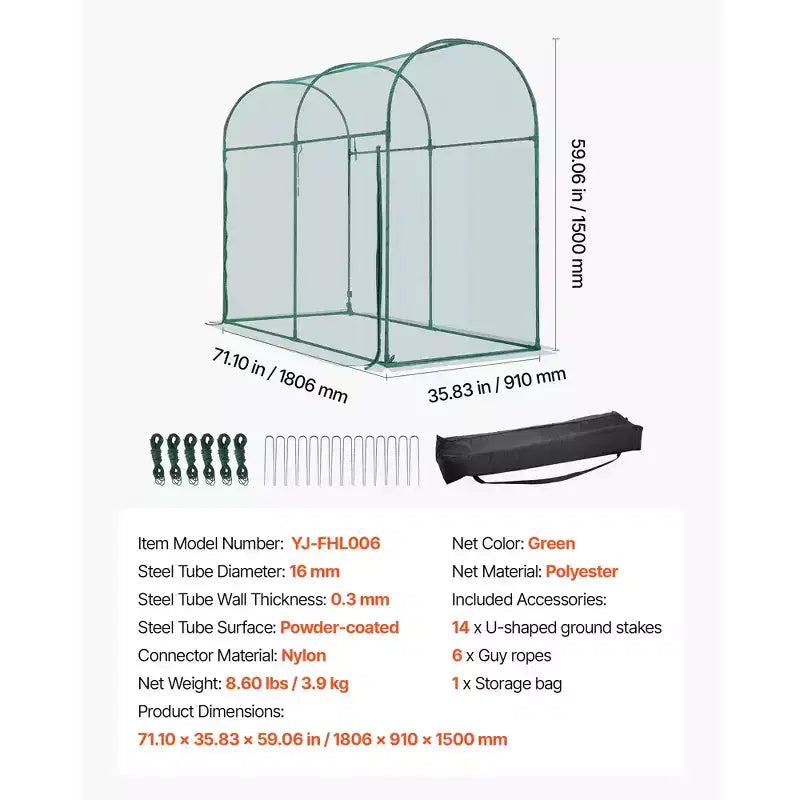 VEVOR Cage de culture, tente de protection des plantes 1,8 x 0,91 x 1,5 m avec porte zippée, grande cage de culture résistante au vent, avec cadre, filet de protection des plantes, vert