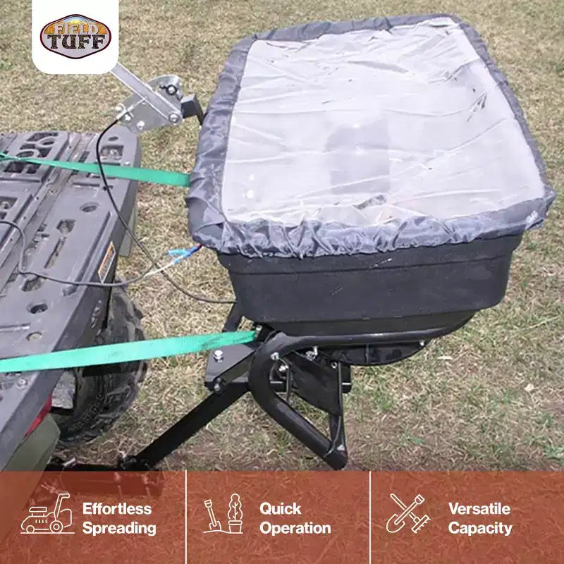 Épandeur d'engrais et de semences Field Tuff 12 V de 56,7 kg avec attelage et protection anti-pluie pour VTT, UTV ou tracteur utilitaire