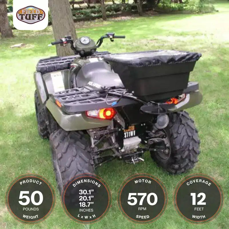 Épandeur d'engrais et de semences Field Tuff 12 V de 56,7 kg avec attelage et protection anti-pluie pour VTT, UTV ou tracteur utilitaire