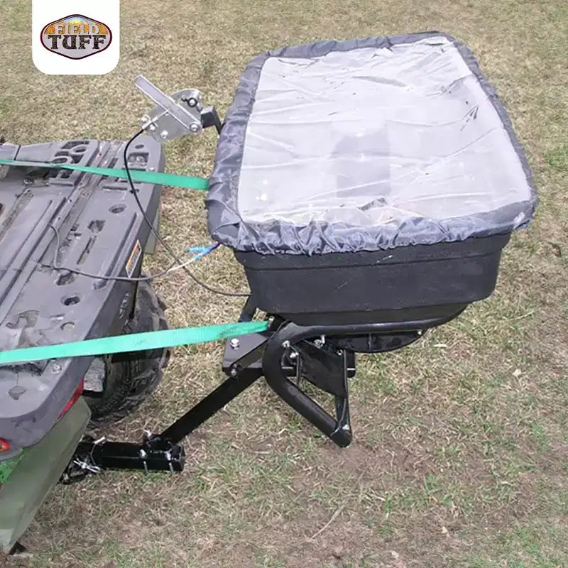 Épandeur d'engrais et de semences Field Tuff 12 V de 56,7 kg avec attelage et protection anti-pluie pour VTT, UTV ou tracteur utilitaire