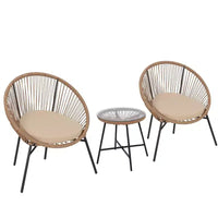 Ensemble bistrot 3 pièces en rotin, Mobilier de conversation d'extérieur en résine tressée avec 2 chaises et coussins, Plateau en verre trempé, pour terrasse/véranda/jardin/cour