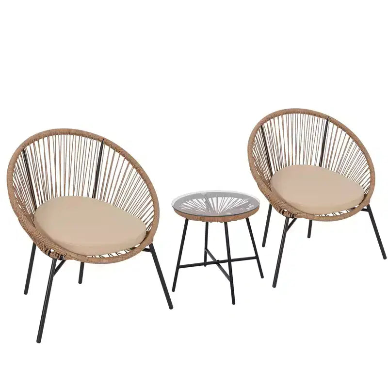 Ensemble bistrot 3 pièces en rotin, Mobilier de conversation d'extérieur en résine tressée avec 2 chaises et coussins, Plateau en verre trempé, pour terrasse/véranda/jardin/cour
