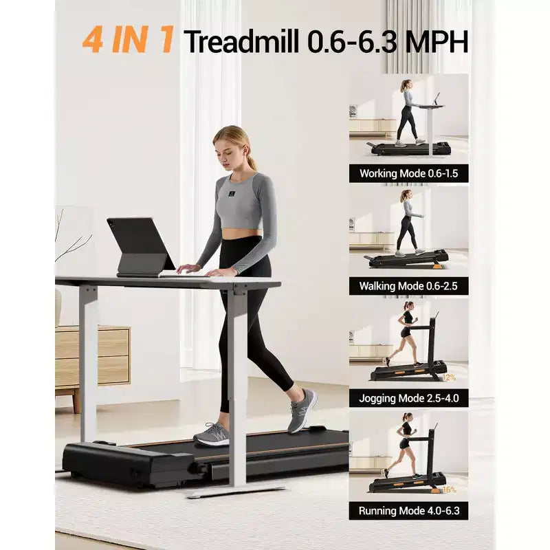 Tapis de marche pliable 4 en 1 avec poignée, tapis roulant sous le bureau avec inclinaison de 14 % pour la maison, moteur sans balais silencieux de 2,5 CV