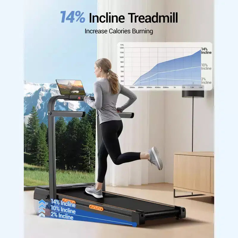 Tapis de marche pliable 4 en 1 avec poignée, tapis roulant sous le bureau avec inclinaison de 14 % pour la maison, moteur sans balais silencieux de 2,5 CV