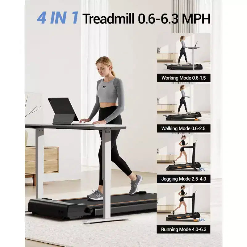 Tapis de marche pliable 4 en 1 avec poignée, tapis roulant sous le bureau avec inclinaison de 14 % pour la maison, moteur sans balais silencieux de 2,5 CV