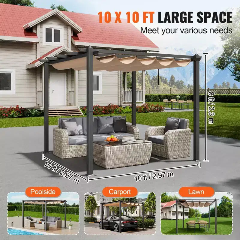 Pergola Rétractable Extérieure 3x3 m avec Auvent Pare-Soleil Aluminium Beige Robuste