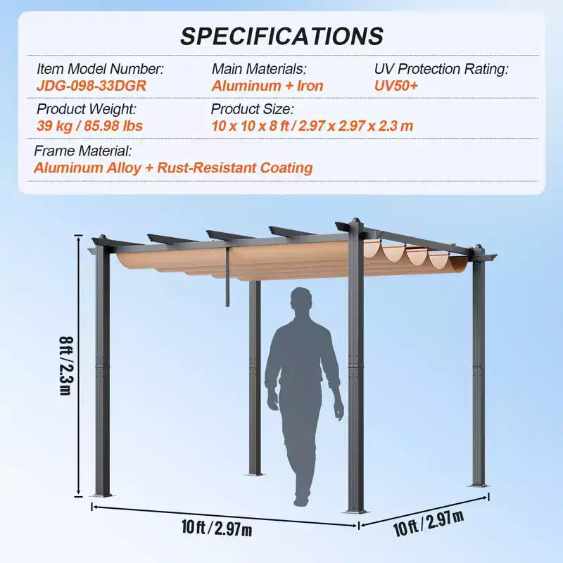 Pergola Rétractable Extérieure 3x3 m avec Auvent Pare-Soleil Aluminium Beige Robuste