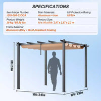 Pergola Rétractable Extérieure 3x3 m avec Auvent Pare-Soleil Aluminium Beige Robuste