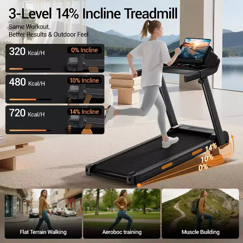 Tapis de course incliné à domicile avec guidon, tapis de marche pliable avec écran LED, absorption des chocs 7 couches, moteur silencieux, grande capacité