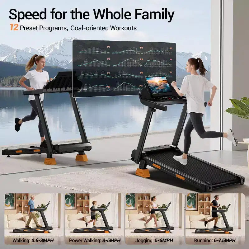 Tapis de course à inclinaison pour la maison avec barre poignée, tapis de marche pliant avec écran LED, absorption des chocs 7 couches, moteur silencieux, grande capacité