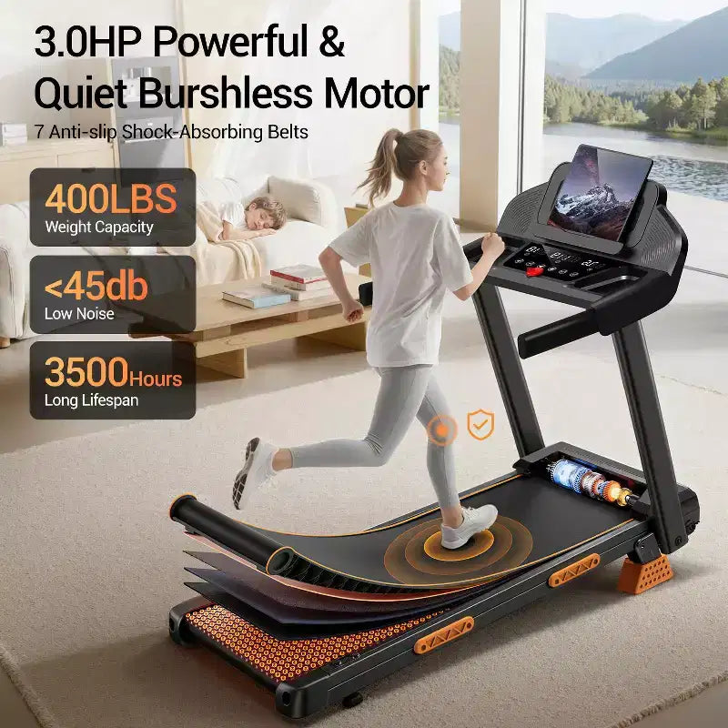 Tapis de course incliné à domicile avec guidon, tapis de marche pliable avec écran LED, absorption des chocs 7 couches, moteur silencieux, grande capacité