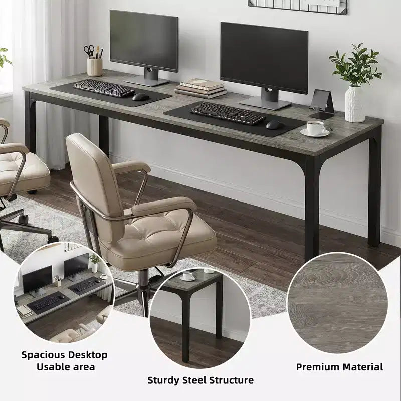 MAYEERTY bureau double poste de travail industriel extra-long 78.7, bureau de bureau à domicile 2 personnes avec cadre métallique robuste, plateau MDF capacité 200lbs