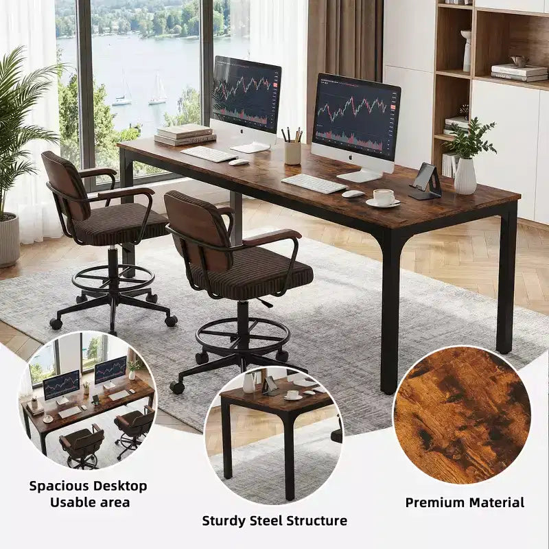 MAYEERTY bureau double poste de travail industriel extra-long 78.7, bureau de bureau à domicile 2 personnes avec cadre métallique robuste, plateau MDF capacité 200lbs