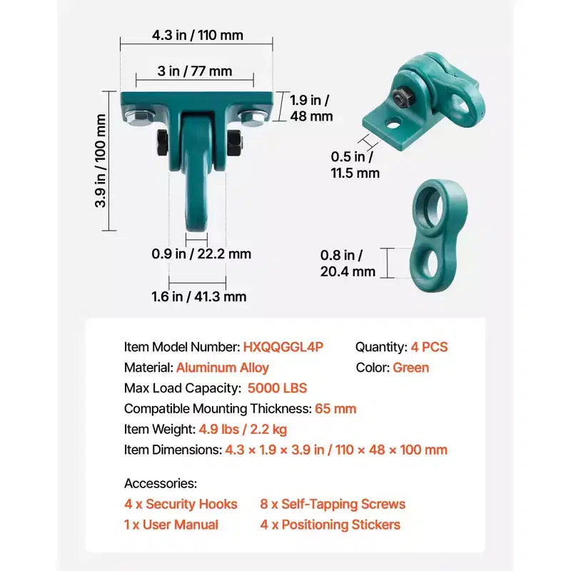Supports de balançoire VEVOR, supports de balançoire robustes (4 pièces), capacité de 2268 kg, vis et boulons inclus, double roulement lisse, cintres en alliage d'aluminium, vert