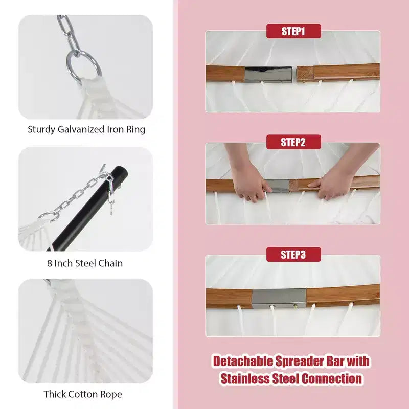 Hamac Costway avec Oreiller, Barre d'Écartement Courbe en Bambou, Chaîne, Portable, Intérieur/Extérieur, Rouge/Bleu