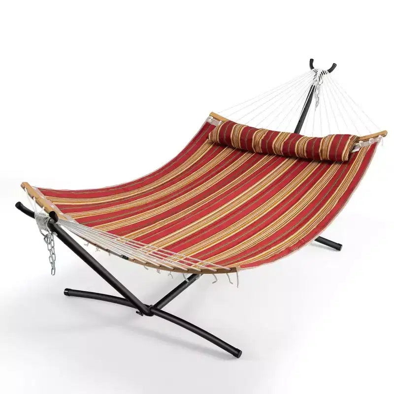 Hamac Costway avec Oreiller, Barre d'Écartement Courbe en Bambou, Chaîne, Portable, Intérieur/Extérieur, Rouge/Bleu