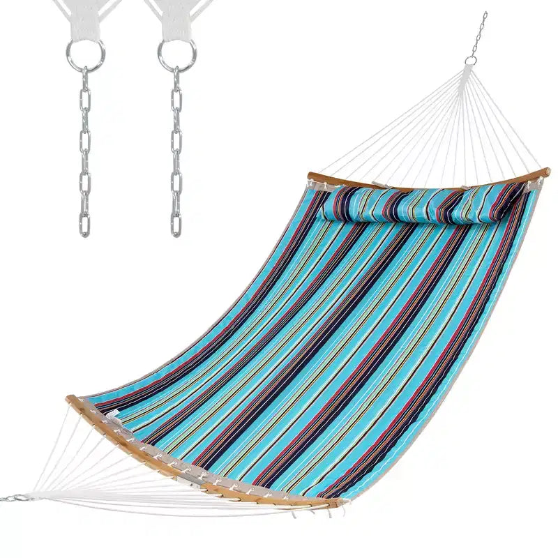 Costway Hammock w/ Pillow Curved Bamboo Spreader Bar Chain Portable Indoor Outdoor Red\Blue