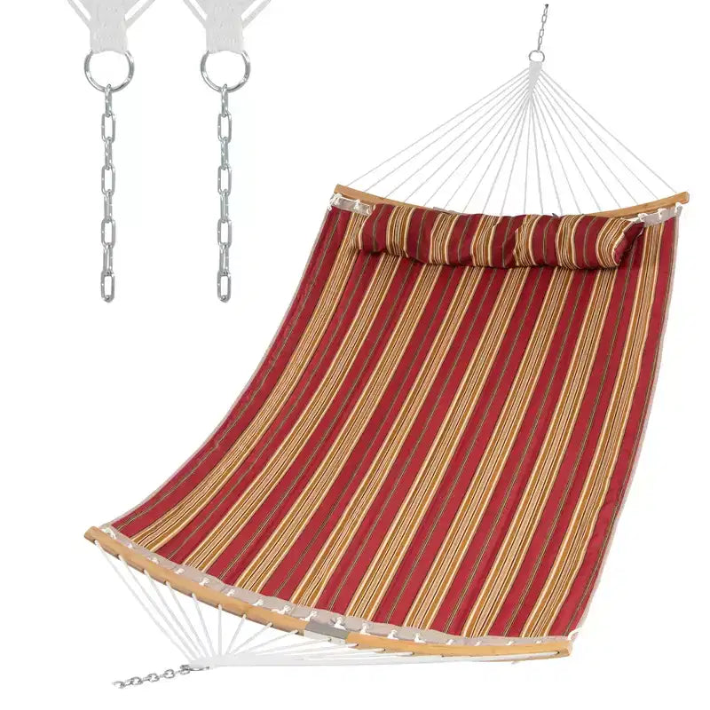 Hamac Costway avec Oreiller, Barre d'Écartement Courbe en Bambou, Chaîne, Portable, Intérieur/Extérieur, Rouge/Bleu
